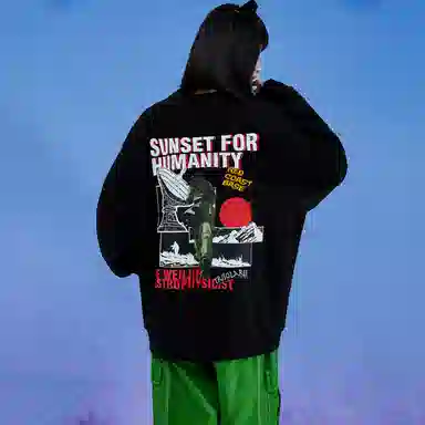 三体 字母人物印花宽松圆领套头美式复古长袖重磅卫衣 男女同款