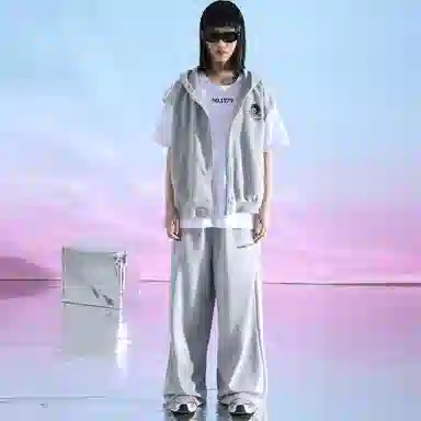 三体 连帽无袖字母印花卫衣时尚百搭直筒裤美式复古高街潮牌无性别穿搭新款舒适男士透气休闲运动套装 男女同款