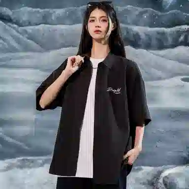 三体 水滴末日之战系列 简约休闲字母印花纯色翻领开衫美式复古宽松高街潮牌时尚百搭舒适学生多巴胺薄短袖衬衫 男女同款