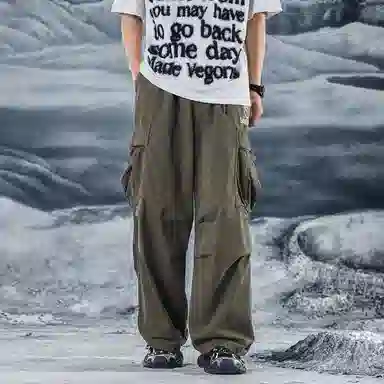 三体 文明系列 简约宽松百搭复古美式堆积阔腿休闲基础纯色直筒复古高街潮牌时尚舒适薄款透气日系户外机能风工装裤 男女同款