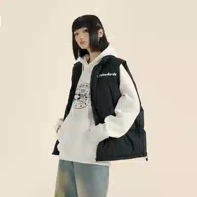 三体 末日之战系列 美式复古撞色拼接简约基础款字母印花宽松立领拉链休闲保暖厚款高街潮牌面包服城市风百搭无袖马甲 男女同款