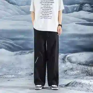 三体 简约字母印花基础宽松可调节裤脚直筒纯色阔腿百搭美式复古高街潮牌时尚舒适显瘦薄款透气日常多巴胺休闲裤 男女同款