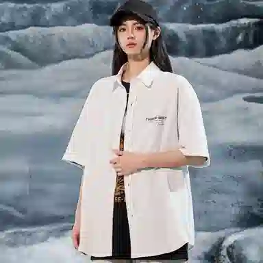 三体 问题印章系列 简约基础宽松纯色休闲字母印花翻领开衫美式复古高街潮牌时尚百搭舒适透气薄款多巴胺短袖衬衫 男女同款