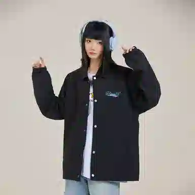 三体 水滴系列 美式街头复古简约基础款字母印花宽松百搭休闲翻领开衫教练棒球服飞行服学生潮牌纯色户外夹克外套 男女同款