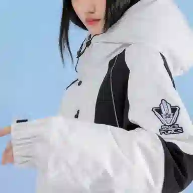 三体 太空亚洲战舰队系列 拼接撞色字母绣花章保暖加厚防风防水派克服拉链工装口袋户外休闲中长款连帽羽绒服外套 男女同款