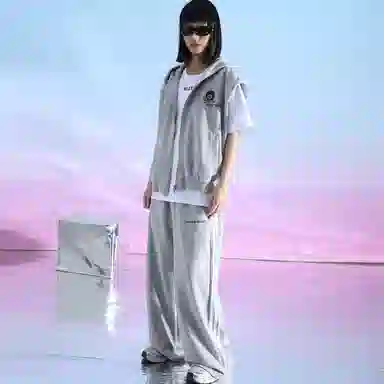 三体 连帽无袖字母印花卫衣时尚百搭直筒裤美式复古高街潮牌无性别穿搭新款舒适男士透气休闲运动套装 男女同款