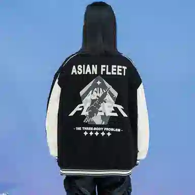 三体 太空亚洲舰队系列 休闲复古美式宽松趣味英文字母发泡印花学院风拼接撞色保暖加厚飞行员棒球夹克多巴胺羽绒服 男女同款