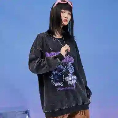 三体 字母印花宽松休闲做旧复古圆领套头卫衣 男女同款