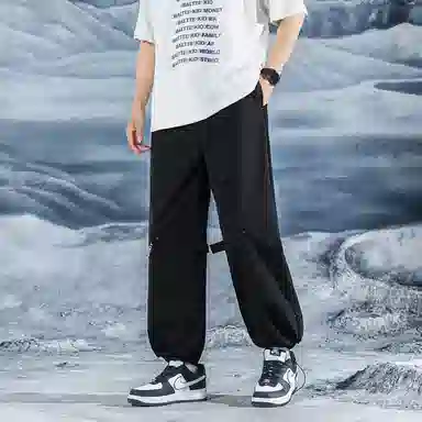 三体 简约字母印花基础宽松可调节裤脚直筒纯色阔腿百搭美式复古高街潮牌时尚舒适显瘦薄款透气日常多巴胺休闲裤 男女同款