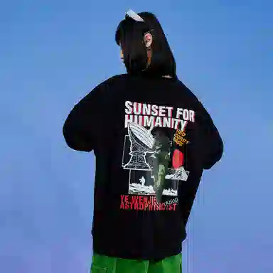 三体 字母人物印花宽松圆领套头美式复古长袖重磅卫衣 男女同款