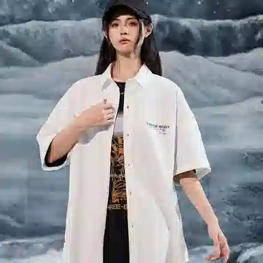 三体 问题印章系列 简约基础宽松纯色休闲字母印花翻领开衫美式复古高街潮牌时尚百搭舒适透气薄款多巴胺短袖衬衫 男女同款