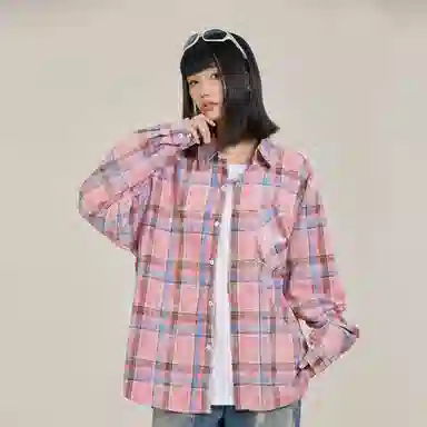 三体 你们都是虫子系列 简约基础款撞色字母印花美式复古格子休闲宽松百搭翻领高街潮牌学生多巴胺多彩格纹长袖衬衫 男女同款