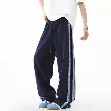 悍戈 复古潮流基础款美式宽松中腰系带格纹撞色拼接时尚格纹阔腿休闲裤 男女同款
