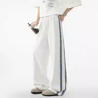悍戈 复古潮流基础款美式宽松中腰系带格纹撞色拼接时尚格纹阔腿休闲裤 男女同款