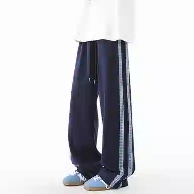 悍戈 复古潮流基础款美式宽松中腰系带格纹撞色拼接时尚格纹阔腿休闲裤 男女同款