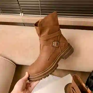 复古帅气百搭加绒交叉带 短靴 女款