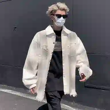虫小绿 美式高街复古潮流破坏毛边牛仔外套 男女同款