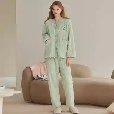 芬腾 珊瑚绒睡衣女秋冬季加绒加厚保暖法兰绒加大码 家居套装  女款  米杏 果绿 蓝色