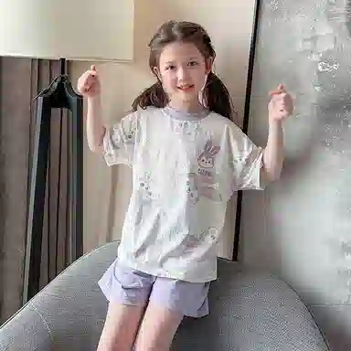 儿童款 芬腾 纯棉短袖圆领卡通可爱睡衣套装 香芋紫