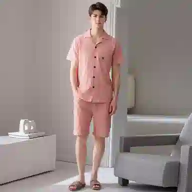 芬腾 纯棉宽松休闲开衫睡衣套装 男款 藕粉