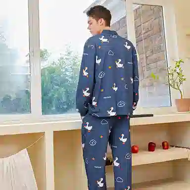 芬腾 简约字母翻领长袖上衣松紧腰直筒长裤睡衣套装 男款 牛仔兰