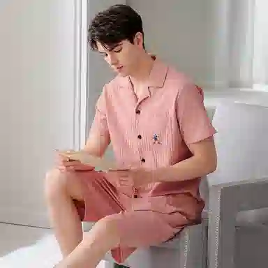 芬腾 纯棉宽松休闲开衫睡衣套装 男款 藕粉