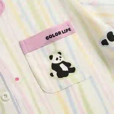 芬腾 女士春秋季纯棉长袖长裤彩色条纹熊猫开衫家居服睡衣套装 女款