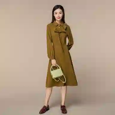 恒源祥 雪纺裙子娃娃领长袖连衣裙 姜黄色