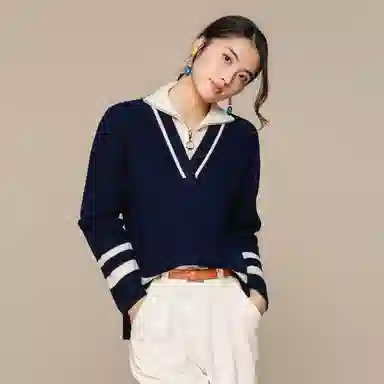 恒源祥 拼色条纹假两件套头针织毛衣 女款