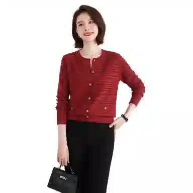 恒源祥 亮丝条纹针织单排扣开衫长袖毛衣 女款