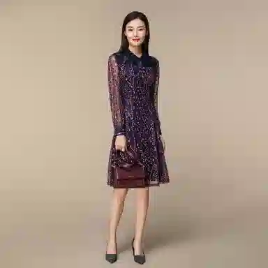 恒源祥 碎花微透网纱雪纺衬衫领高腰长袖连衣裙 道奇蓝