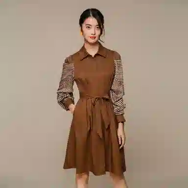 恒源祥 法式拼接长袖连衣裙 巧克力色