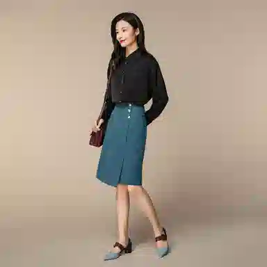 恒源祥 纯色高腰不规则开叉休闲长裙 蓝色