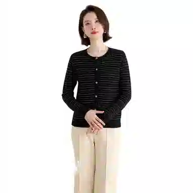 恒源祥 亮丝条纹针织单排扣开衫长袖毛衣 女款