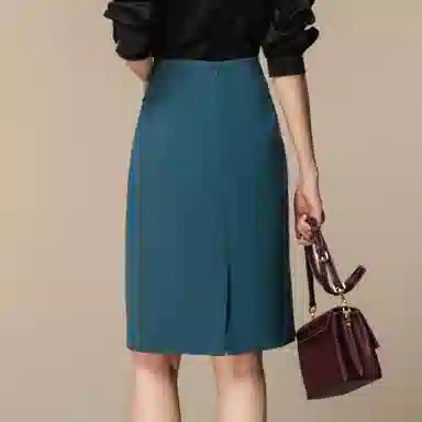 恒源祥 纯色高腰不规则开叉休闲长裙 蓝色