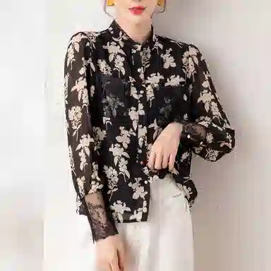 恒源祥 印花拼接花边立领长袖雪纺衫 女款