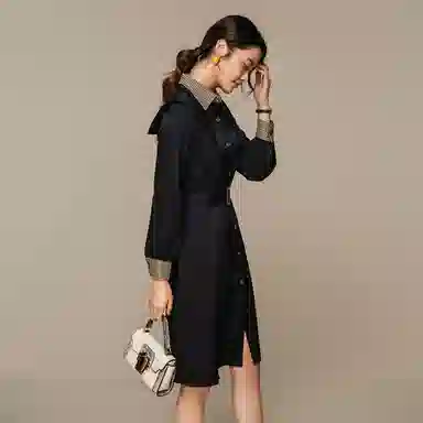 恒源祥 单排扣收腰中长款长袖连衣裙 黑色