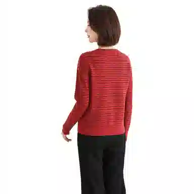 恒源祥 亮丝条纹针织单排扣开衫长袖毛衣 女款