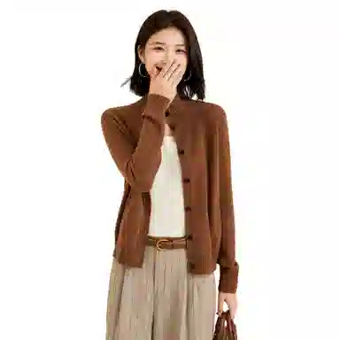 恒源祥 纯色半高领单排扣开衫毛衣 女款