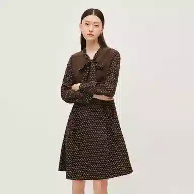 恒源祥 系带领碎花长袖连衣裙 咖啡色