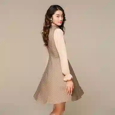 恒源祥 格纹拼接长袖连衣裙 深卡其布色