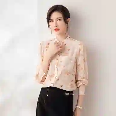 恒源祥 印花拼接花边立领长袖雪纺衫 女款