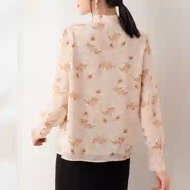 恒源祥 印花拼接花边立领长袖雪纺衫 女款