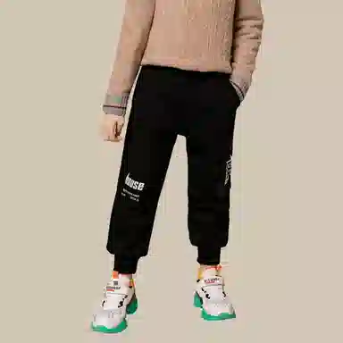 恒源祥 字母印花加绒加厚松紧腰束脚休闲裤 儿童款 黑色