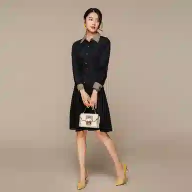 恒源祥 单排扣收腰中长款长袖连衣裙 黑色