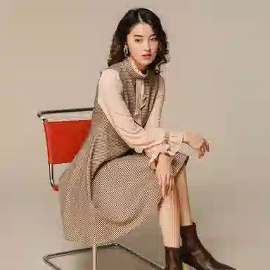 恒源祥 格纹拼接长袖连衣裙 深卡其布色