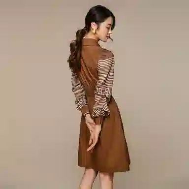 恒源祥 法式拼接长袖连衣裙 巧克力色