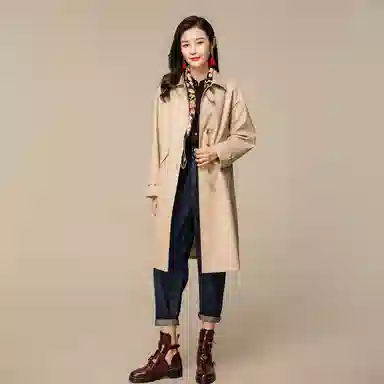 恒源祥 中长款设计感抽绳收腰风衣 女款