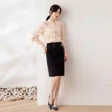 恒源祥 印花拼接花边立领长袖雪纺衫 女款