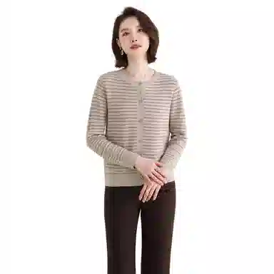 恒源祥 亮丝条纹针织单排扣开衫长袖毛衣 女款